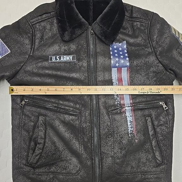 Shein Mens US Army Veteran Faux Fur Lapel Flight Jacket Sz L Black Military - Picture 6 of 11